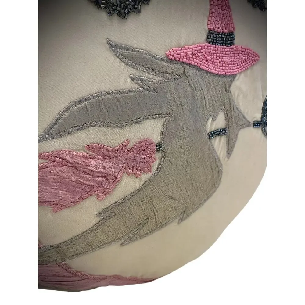RACHEL ZOE Halloween Flying Witch Pink Moon Round Toss Beaded Pillow 16x6 New
